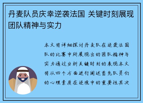 丹麦队员庆幸逆袭法国 关键时刻展现团队精神与实力