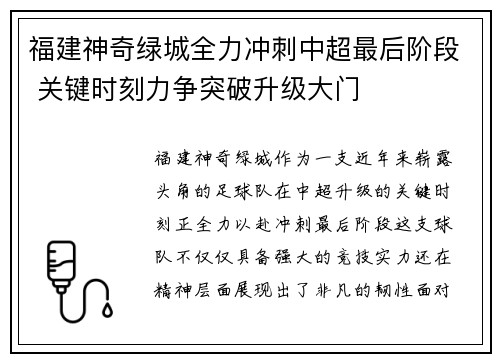福建神奇绿城全力冲刺中超最后阶段 关键时刻力争突破升级大门