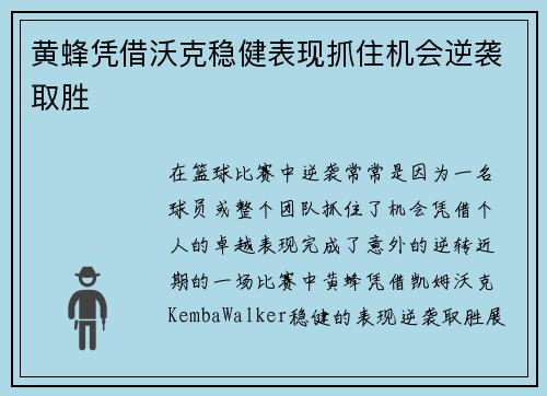 黄蜂凭借沃克稳健表现抓住机会逆袭取胜