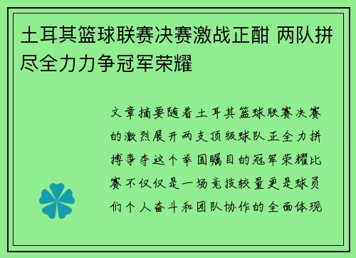土耳其篮球联赛决赛激战正酣 两队拼尽全力力争冠军荣耀