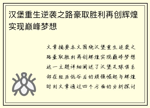 汉堡重生逆袭之路豪取胜利再创辉煌实现巅峰梦想