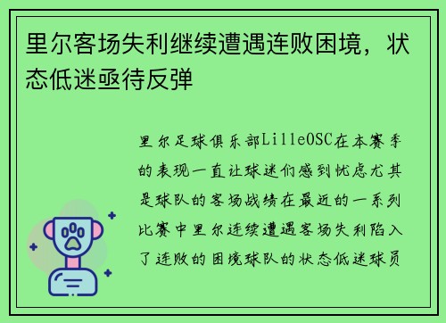 里尔客场失利继续遭遇连败困境，状态低迷亟待反弹