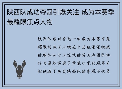陕西队成功夺冠引爆关注 成为本赛季最耀眼焦点人物