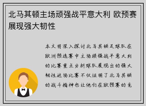 北马其顿主场顽强战平意大利 欧预赛展现强大韧性