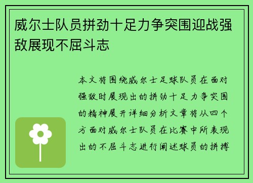 威尔士队员拼劲十足力争突围迎战强敌展现不屈斗志