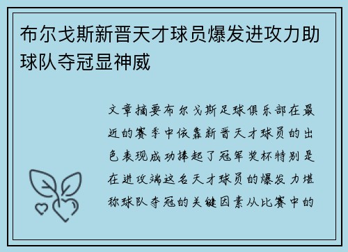 布尔戈斯新晋天才球员爆发进攻力助球队夺冠显神威