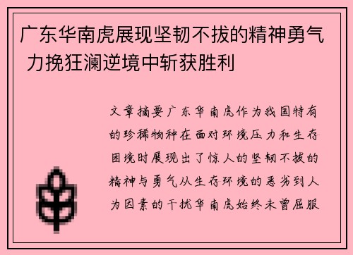 广东华南虎展现坚韧不拔的精神勇气 力挽狂澜逆境中斩获胜利